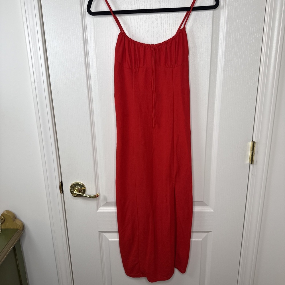 MNG Mango Womens XS Red Maxi Dress Adjustable Strap High Slit Lined Sundress